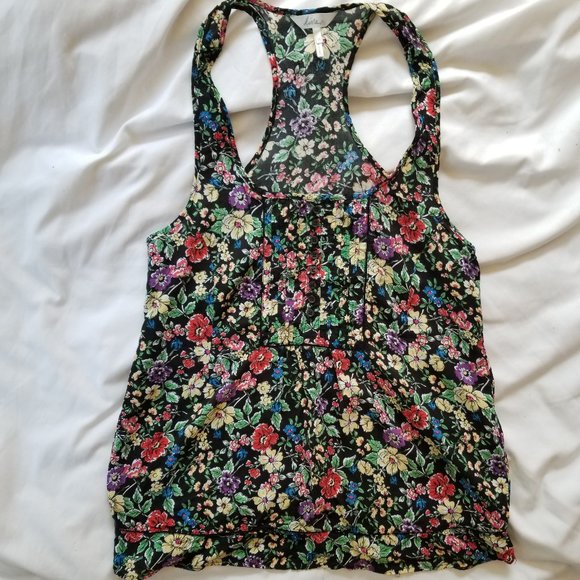 Kirra Racerback Rayon Black Floral Pleated Tank - Picture 2 of 6